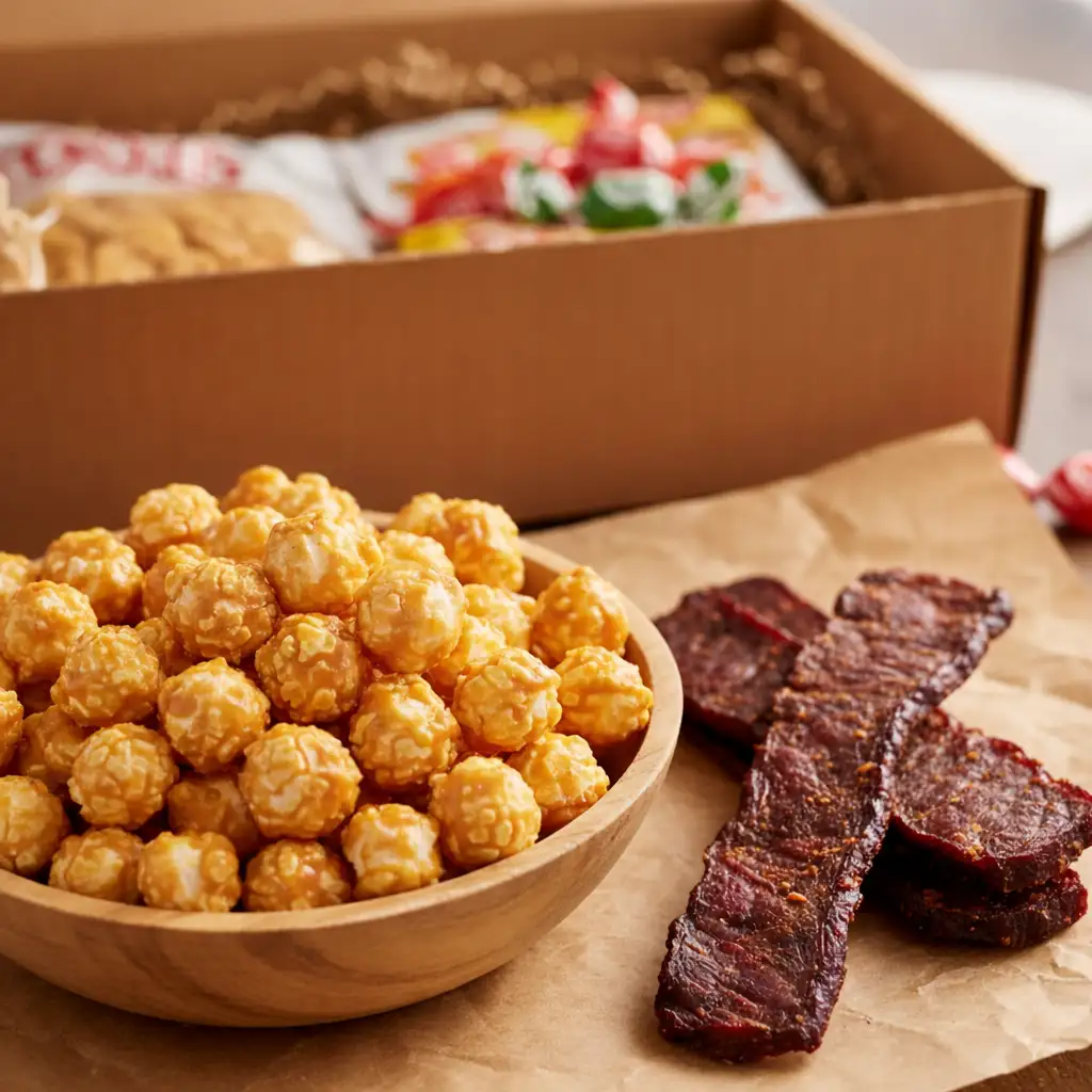 Beaver Nuggets and Texas beef jerky in a gift box